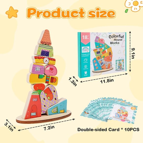 Montessori Wooden Stacking Toy,Colorful Houses Building Blocks Game 14 Pcs Monte - Picture 4 of 12